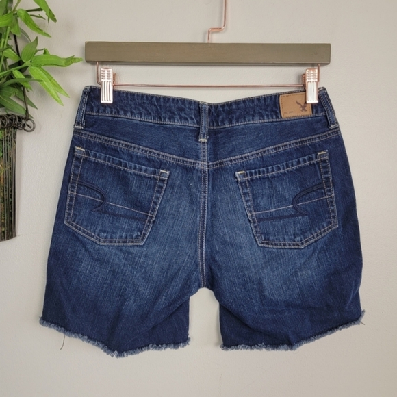 Y2K American Eagle Vintage Midi Dark Wash Mid Rise Cutoff Frayed Jean Shorts 0 - Picture 2 of 3